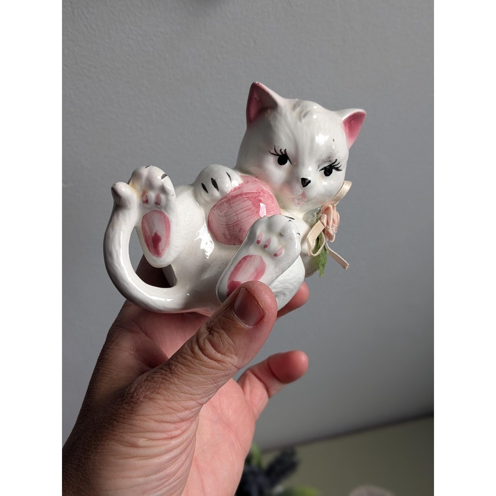 Vintage White Pink Kitten Figurine Cute Ceramic Cat Kitsch Nursery Decor